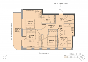 ЖК «Stories на Мосфильмовской», планировка 3-комнатной квартиры, 83.60 м²