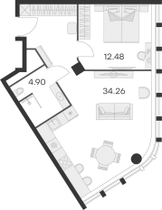 Апарт-комплекс «GloraX Заневский», планировка 1-комнатной квартиры, 52.20 м²