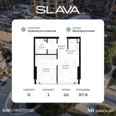 МФК «SLAVA», планировка 1-комнатной квартиры, 37.90 м²