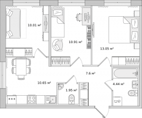 ЖК ЦДС «Новые Горизонты», планировка 3-комнатной квартиры, 58.00 м²