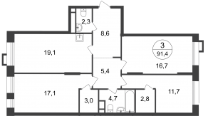 ЖК «Первый Московский», планировка 3-комнатной квартиры, 91.40 м²