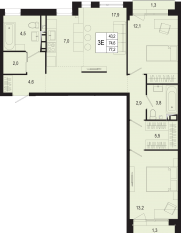 ЖК «Новая Щербинка», планировка 3-комнатной квартиры, 74.60 м²