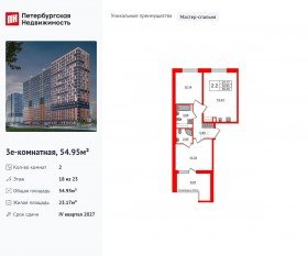 ЖК «Город звезд», планировка 2-комнатной квартиры, 54.95 м²