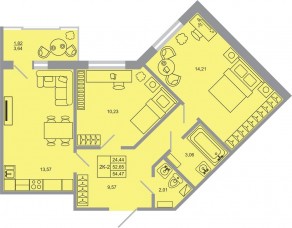 ЖК «Стороны света-2», планировка 2-комнатной квартиры, 54.47 м²