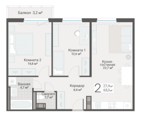 ЖК «Руднева, 15», планировка 2-комнатной квартиры, 65.30 м²