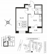ЖК «Новый Лесснер», планировка 1-комнатной квартиры, 33.80 м²