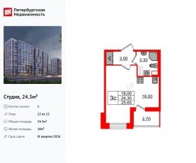 ЖК «Бионика Заповедная», планировка студии, 24.30 м²