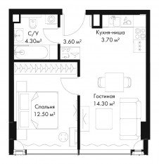 МФК «SLAVA», планировка 1-комнатной квартиры, 38.40 м²