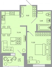 ЖК «Стороны света-2», планировка 1-комнатной квартиры, 34.25 м²