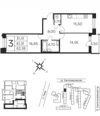 ЖК «Новый Лесснер», планировка 2-комнатной квартиры, 61.31 м²