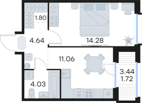 ЖК «GloraX Парголово», планировка 1-комнатной квартиры, 37.53 м²