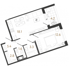 ЖК «Литера», планировка 1-комнатной квартиры, 43.80 м²