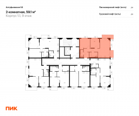 ЖК «Алтуфьевское 53», планировка 2-комнатной квартиры, 59.10 м²