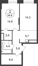 ЖК «Первый Московский», планировка 2-комнатной квартиры, 54.60 м²