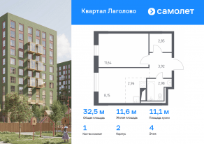 ЖК «Квартал Лаголово», планировка 1-комнатной квартиры, 32.50 м²