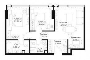 МФК «SLAVA», планировка 2-комнатной квартиры, 60.80 м²