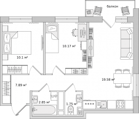 ЖК «Город Первых», планировка 2-комнатной квартиры, 56.04 м²