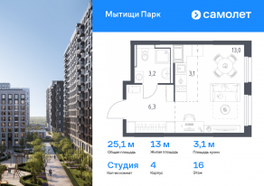 ЖК «Мытищи Парк», планировка студии, 25.10 м²