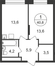 ЖК «Первый Московский», планировка 1-комнатной квартиры, 40.80 м²
