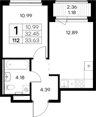 ЖК «GloraX Новоселье», планировка 1-комнатной квартиры, 33.63 м²