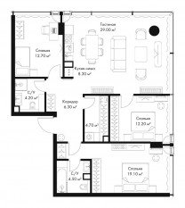 МФК «SLAVA», планировка 3-комнатной квартиры, 101.00 м²