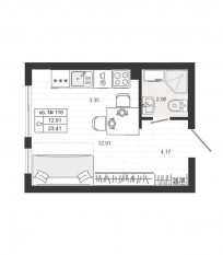 МЖК «Верево-Сити», планировка студии, 23.60 м²