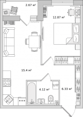 ЖК «Город Первых», планировка 1-комнатной квартиры, 41.39 м²