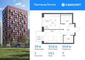 ЖК «Пригород Лесное», планировка 1-комнатной квартиры, 33.04 м²