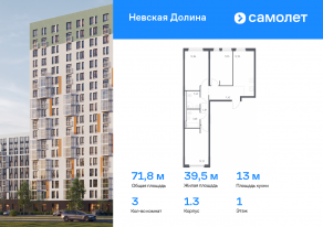 ЖК «Невская Долина», планировка 3-комнатной квартиры, 71.81 м²