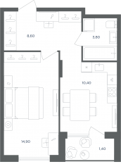 МФК «Равновесие», планировка 1-комнатной квартиры, 37.70 м²