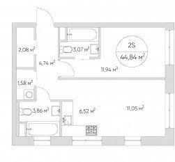 Апарт-комплекс «N'ice loft», планировка 2-комнатной квартиры, 44.70 м²