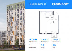 ЖК «Невская Долина», планировка 1-комнатной квартиры, 42.54 м²