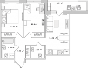 ЖК «Parkolovo», планировка 2-комнатной квартиры, 50.40 м²