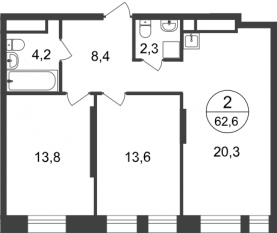 ЖК «Первый Московский», планировка 2-комнатной квартиры, 62.60 м²