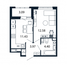 ЖК «Полис Приморский 2», планировка 1-комнатной квартиры, 32.50 м²