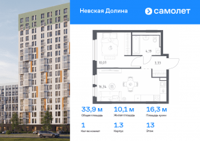ЖК «Невская Долина», планировка 1-комнатной квартиры, 33.93 м²