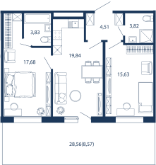 Апарт-комплекс «Bereg. Курортный», планировка 2-комнатной квартиры, 73.88 м²
