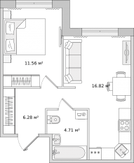 ЖК ЦДС «Dreamline», планировка 1-комнатной квартиры, 39.37 м²