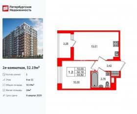 ЖК «Астра Континенталь», планировка 1-комнатной квартиры, 32.19 м²