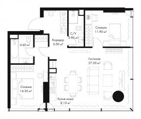 МФК «SLAVA», планировка 2-комнатной квартиры, 76.10 м²