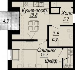 ЖК «Meltzer Hall», планировка 1-комнатной квартиры, 42.80 м²