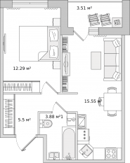 ЖК ЦДС «Dreamline», планировка 1-комнатной квартиры, 40.73 м²