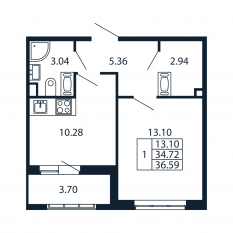 ЖК «Полис Приморский 2», планировка 1-комнатной квартиры, 34.00 м²
