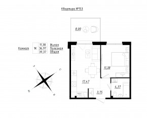 МЖК «Счастье 2.0», планировка 1-комнатной квартиры, 39.37 м²