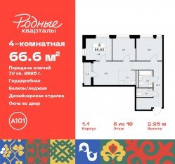 ЖК «Родные кварталы», планировка 4-комнатной квартиры, 66.60 м²