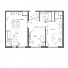 ЖК «iLove», планировка 2-комнатной квартиры, 74.60 м²