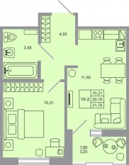 ЖК «Стороны света-2», планировка 1-комнатной квартиры, 31.76 м²