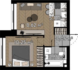ЖК «Квартал Серебряный бор», планировка 2-комнатной квартиры, 30.98 м²