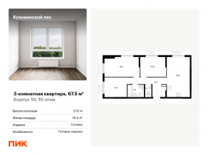 ЖК «Кузьминский лес», планировка 3-комнатной квартиры, 67.50 м²