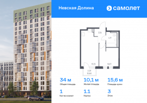ЖК «Невская Долина», планировка 1-комнатной квартиры, 33.95 м²